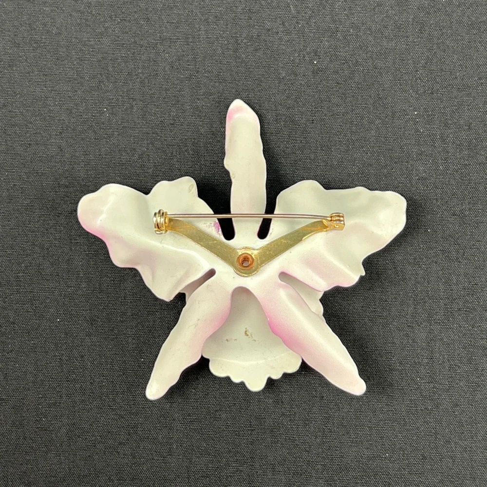 Vintage Brooch Enamel‎ Flower Pink White Orchid Pin Large 3